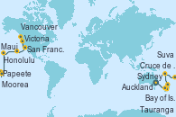 Visitando Sydney (Australia), Bay of Islands (Nueva Zelanda), Auckland (Nueva Zelanda), Tauranga (Nueva Zelanda), Suva (Fiyi), Cruce de la línea horaria, Papeete (Tahití), Papeete (Tahití), Moorea (Tahití), Honolulu (Hawai), Maui (Hawai), San Francisco (California/EEUU), Victoria (Canadá), Vancouver (Canadá)