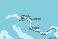 Visitando Passau (Alemania), Dürnstein (Austria), Viena (Austria), Budapest (Hungría), Budapest (Hungría), Bratislava (Eslovaquia), Melk (Austria), Passau (Alemania)