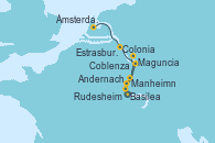 Visitando Basilea (Suiza), Basilea (Suiza), Estrasburgo (Francia), Maguncia (Alemania), Manheimn (Alemania), Andernach (Alemania), Coblenza (Alemania), Rudesheim (Alemania), Colonia (Alemania), Ámsterdam (Holanda), Ámsterdam (Holanda)