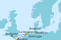 Visitando Southampton (Inglaterra), Burdeos (Francia), Le Havre (Francia), Zeebrugge (Bruselas), Hamburgo (Alemania), Hamburgo (Alemania), Ámsterdam (Holanda), Southampton (Inglaterra)