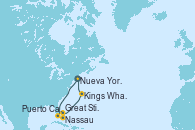 Visitando Nueva York (Estados Unidos), Puerto Cañaveral (Florida), Nassau (Bahamas), Great Stirrup Cay (Bahamas), Kings Wharf (Bermudas), Kings Wharf (Bermudas), Nueva York (Estados Unidos)