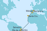 Visitando Santos (Brasil), Río de Janeiro (Brasil), Salvador de Bahía (Brasil), Fortaleza (Brasil), Santa Cruz de Tenerife (España), Málaga, Barcelona