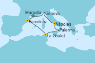 Visitando Marsella (Francia), Barcelona, La Goulette (Tunez), Palermo (Italia), Nápoles (Italia), Génova (Italia), Marsella (Francia)