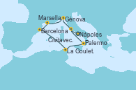 Visitando Nápoles (Italia), Génova (Italia), Marsella (Francia), Barcelona, La Goulette (Tunez), Palermo (Italia), Civitavecchia (Roma)
