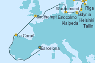 Visitando Barcelona, La Coruña (Galicia/España), Southampton (Inglaterra), Warnemunde (Alemania), Gdynia (Polonia), Klaipeda (Lituania), Riga (Letonia), Tallin (Estonia), Helsinki (Finlandia), Estocolmo (Suecia)