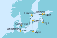Visitando Copenhague (Dinamarca), Warnemunde (Alemania), Gdynia (Polonia), Visby (Suecia), Riga (Letonia), Tallin (Estonia), Helsinki (Finlandia), Estocolmo (Suecia), Estocolmo (Suecia), Copenhague (Dinamarca)
