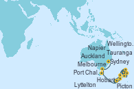 Visitando Auckland (Nueva Zelanda), Tauranga (Nueva Zelanda), Napier (Nueva Zelanda), Wellington (Nueva Zelanda), Picton (Australia), Lyttelton (Nueva Zelanda), Port Chalmers (Nueva Zelanda), Hobart (Australia), Melbourne (Australia), Sydney (Australia)