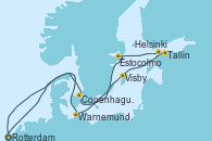 Visitando Rotterdam (Holanda), Warnemunde (Alemania), Visby (Suecia), Tallin (Estonia), Helsinki (Finlandia), Estocolmo (Suecia), Copenhague (Dinamarca), Copenhague (Dinamarca), Rotterdam (Holanda)