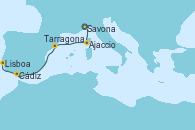 Visitando Savona (Italia), Ajaccio (Córcega), Tarragona (España), Cádiz (España), Lisboa (Portugal)