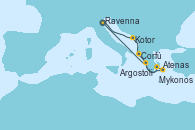 Visitando Ravenna (Italia), Kotor (Montenegro), Corfú (Grecia), Atenas (Grecia), Mykonos (Grecia), Argostoli (Grecia), Ravenna (Italia)