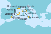 Visitando Barcelona, Alicante (España), Palma de Mallorca (España), Mahón (Menorca/España), Marsella (Francia), Montecarlo (Mónaco), Livorno, Pisa y Florencia (Italia), Civitavecchia (Roma), Ajaccio (Córcega), Puerto Vendres (Francia), Barcelona