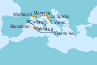 Visitando Barcelona, Palma de Mallorca (España), Puerto Vendres (Francia), Marsella (Francia), Montecarlo (Mónaco), La Spezia, Florencia y Pisa (Italia), Livorno, Pisa y Florencia (Italia), Civitavecchia (Roma)