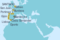 Visitando Barcelona, Cádiz (España), Portimao (Portugal), Lisboa (Portugal), Oporto (Portugal), SANTIAGO DE COMPOSTELA (VILAGARCIA), Gijón (Asturias/España), Santander (España), Burdeos (Francia), Burdeos (Francia), San Juan de Luz (Francia), Bilbao (España)