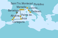 Visitando Barcelona, Alicante (España), Cartagena (Murcia), Ibiza (España), Palma de Mallorca (España), Marsella (Francia), Montecarlo (Mónaco), Saint Tropez (Francia), Portofino (Italia), Livorno, Pisa y Florencia (Italia), Civitavecchia (Roma)