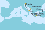 Visitando Estambul (Turquía), Estambul (Turquía), Esmirna (Turquía), Atenas (Grecia), Dubrovnik (Croacia), Bari (Italia), Trieste (Italia)