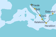 Visitando Trieste (Italia), Split (Croacia), Corfú (Grecia), Katakolon (Olimpia/Grecia), Heraklion (Creta), Estambul (Turquía), Estambul (Turquía)