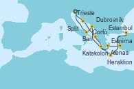 Visitando Trieste (Italia), Split (Croacia), Corfú (Grecia), Katakolon (Olimpia/Grecia), Heraklion (Creta), Estambul (Turquía), Estambul (Turquía), Estambul (Turquía), Esmirna (Turquía), Atenas (Grecia), Dubrovnik (Croacia), Bari (Italia), Trieste (Italia)