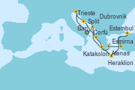 Visitando Bari (Italia), Trieste (Italia), Split (Croacia), Corfú (Grecia), Katakolon (Olimpia/Grecia), Heraklion (Creta), Estambul (Turquía), Estambul (Turquía), Estambul (Turquía), Esmirna (Turquía), Atenas (Grecia), Dubrovnik (Croacia), Bari (Italia)