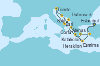 Visitando Estambul (Turquía), Estambul (Turquía), Esmirna (Turquía), Atenas (Grecia), Dubrovnik (Croacia), Bari (Italia), Trieste (Italia), Split (Croacia), Corfú (Grecia), Katakolon (Olimpia/Grecia), Heraklion (Creta), Estambul (Turquía), Estambul (Turquía)