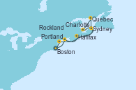 Visitando Boston (Massachusetts), Rockland (Maine), Halifax (Canadá), Sydney (Nueva Escocia/Canadá), Quebec (Canadá), Quebec (Canadá), Charlottetown (Canadá), Portland (Maine/Estados Unidos), Boston (Massachusetts)