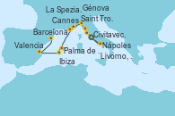 Visitando Civitavecchia (Roma), Nápoles (Italia), Livorno, Pisa y Florencia (Italia), La Spezia, Florencia y Pisa (Italia), Génova (Italia), Cannes (Francia), Saint Tropez (Francia), Palma de Mallorca (España), Ibiza (España), Valencia, Barcelona