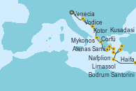 Visitando Venecia (Italia), Vodice (Croacia), Kotor (Montenegro), Corfú (Grecia), Sami (Cefalonia/Grecia), Nafplion (Grecia), Atenas (Grecia), Mykonos (Grecia), Santorini (Grecia), Bodrum (Turquia), Kusadasi (Efeso/Turquía), Limassol (Chipre), Haifa (Israel)
