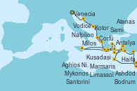 Visitando Venecia (Italia), Vodice (Croacia), Kotor (Montenegro), Corfú (Grecia), Sami (Cefalonia/Grecia), Nafplion (Grecia), Atenas (Grecia), Mykonos (Grecia), Santorini (Grecia), Bodrum (Turquia), Kusadasi (Efeso/Turquía), Limassol (Chipre), Haifa (Israel), Ashdod (Israel), Antalya (Turquía), Marmaris (Turquía), Aghios Nikolaos (Grecia), Milos (Grecia), Atenas (Grecia)
