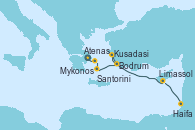 Visitando Atenas (Grecia), Mykonos (Grecia), Santorini (Grecia), Bodrum (Turquia), Kusadasi (Efeso/Turquía), Limassol (Chipre), Haifa (Israel)