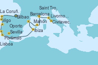 Visitando Bilbao (España), La Coruña (Galicia/España), Vigo (España), Oporto (Portugal), Lisboa (Portugal), Portimao (Portugal), Sevilla (España), Sevilla (España), Ibiza (España), Barcelona, Mahón (Menorca/España), Saint Tropez (Francia), Livorno, Pisa y Florencia (Italia), Civitavecchia (Roma)
