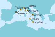 Visitando Barcelona, Toulon (Francia), Niza (Francia), Bastia (Córcega), Port Santo Stefano (Italia), Positano (Italia), Trapani (Italia), La Valletta (Malta)