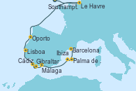 Visitando Southampton (Inglaterra), Le Havre (Francia), Oporto (Portugal), Lisboa (Portugal), Gibraltar (Inglaterra), Cádiz (España), Málaga, Ibiza (España), Palma de Mallorca (España), Barcelona