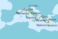 Visitando Barcelona, Cannes (Francia), Livorno, Pisa y Florencia (Italia), Civitavecchia (Roma), Nápoles (Italia), Messina (Sicilia), Corfú (Grecia), Santorini (Grecia), Mykonos (Grecia), Atenas (Grecia)