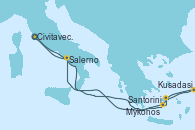 Visitando Civitavecchia (Roma), Santorini (Grecia), Mykonos (Grecia), Kusadasi (Efeso/Turquía), Salerno (Italia), Civitavecchia (Roma)