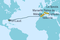 Visitando Fort Lauderdale (Florida/EEUU), Málaga, Valencia, Palma de Mallorca (España), Marsella (Francia), La Spezia, Florencia y Pisa (Italia), Civitavecchia (Roma)
