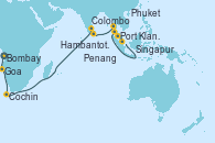 Visitando Bombay (India), Goa (India), Cochin (India), Colombo (Sri Lanka), Colombo (Sri Lanka), Hambantota (Sri Lanka), Phuket (Tailandia), Penang (Malasia), Penang (Malasia), Port Klang (Malasia), Singapur
