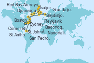 Visitando Boston (Massachusetts), Sydney (Nueva Escocia/Canadá), Corner Brook (Newfoundland/Canadá), Red Bay (Canadá), Qaqortoq, Greeland, Ísafjörður (Islandia), Akureyri (Islandia), Seydisfjordur (Islandia), Djupivogur (Islandia), Reykjavik (Islandia), Grundafjord (Islandia), Nanortalik (Groenlandia), St. Anthony (Canadá), St. John´s (Antigua y Barbuda), San Pedro y Miquelón (Francia), Halifax (Canadá), Bar Harbor (Maine), Boston (Massachusetts)
