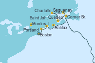 Visitando Boston (Massachusetts), Portland (Maine/Estados Unidos), Saint John (New Brunswick/Canadá), Halifax (Canadá), Corner Brook (Newfoundland/Canadá), Charlottetown (Canadá), Saguenay (Canadá), Quebec (Canadá), Montreal (Canadá)
