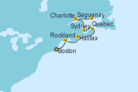 Visitando Boston (Massachusetts), Rockland (Maine), Halifax (Canadá), Sydney (Nueva Escocia/Canadá), Charlottetown (Canadá), Saguenay (Canadá), Quebec (Canadá)