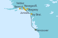 Visitando Vancouver (Canadá), Icy Strait Point (Alaska), Juneau (Alaska), Skagway (Alaska), Navegación por Glaciar Hubbard (Alaska), Valdez (Alaska), Seward (Alaska)