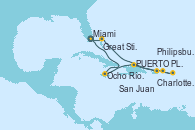 Visitando Miami (Florida/EEUU), Ocho Ríos (Jamaica), PUERTO PLATA, REPUBLICA DOMINICANA, Charlotte Amalie (St. Thomas), Philipsburg (St. Maarten), San Juan (Puerto Rico), Great Stirrup Cay (Bahamas), Miami (Florida/EEUU)