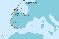 Visitando Southampton (Inglaterra), Vigo (España), Lisboa (Portugal), Cádiz (España), La Coruña (Galicia/España), Bilbao (España), Southampton (Inglaterra)