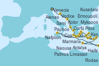 Visitando Venecia (Italia), Vodice (Croacia), Kotor (Montenegro), Corfú (Grecia), Sami (Cefalonia/Grecia), Pilos (Grecia), Nafplion (Grecia), Atenas (Grecia), Naousa (Nisos Paros/Grecia), Ermoupolis (Islas Cícladas/Grecia), Kusadasi (Efeso/Turquía), Patmos (Grecia), Rodas (Grecia), Kas (Turquía), Paphos (Chipre), Haifa (Israel), Limassol (Chipre), Antalya (Turquía), Marmaris (Turquía), Cos (Grecia), Mykonos (Grecia), Naousa (Nisos Paros/Grecia), Atenas (Grecia)