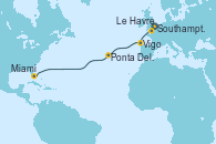 Visitando Southampton (Inglaterra), Le Havre (Francia), Vigo (España), Ponta Delgada (Azores), Miami (Florida/EEUU)