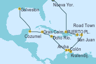 Visitando Nueva York (Estados Unidos), Puerto Plata, Republica Dominicana, San Juan (Puerto Rico), Road Town (Isla Tórtola/Islas Vírgenes), Colón, Kralendijk (Antillas), Aruba (Antillas), Ocho Ríos (Jamaica), Gran Caimán (Islas Caimán), Cozumel (México), Galveston (Texas)