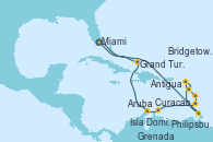 Visitando Miami (Florida/EEUU), Philipsburg (St. Maarten), Antigua (Antillas), Isla Dominica (Caribe), Bridgetown (Barbados), Grenada (Antillas), Curacao (Antillas), Aruba (Antillas), Grand Turks(Turks & Caicos), Miami (Florida/EEUU)