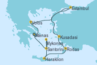 Visitando Atenas (Grecia), Volos (Grecia), Estambul (Turquía), Estambul (Turquía), Kusadasi (Efeso/Turquía), Rodas (Grecia), Heraklion (Creta), Mykonos (Grecia), Santorini (Grecia), Atenas (Grecia)