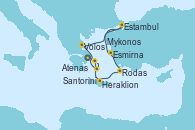 Visitando Atenas (Grecia), Volos (Grecia), Estambul (Turquía), Estambul (Turquía), Esmirna (Turquía), Rodas (Grecia), Heraklion (Creta), Mykonos (Grecia), Santorini (Grecia), Atenas (Grecia)