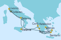 Visitando Civitavecchia (Roma), Santorini (Grecia), Atenas (Grecia), Mykonos (Grecia), Katakolon (Olimpia/Grecia), Corfú (Grecia), Catania (Sicilia), Salerno (Italia), Livorno, Pisa y Florencia (Italia), Civitavecchia (Roma)