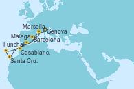 Visitando Génova (Italia), Barcelona, Casablanca (Marruecos), Santa Cruz de Tenerife (España), Funchal (Madeira), Málaga, Marsella (Francia), Génova (Italia)