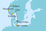 Visitando Copenhague (Dinamarca), Warnemunde (Alemania), Eidfjord (Hardangerfjord/Noruega), Haugesund (Noruega), Kristiansand (Noruega), Oslo (Noruega), Copenhague (Dinamarca)